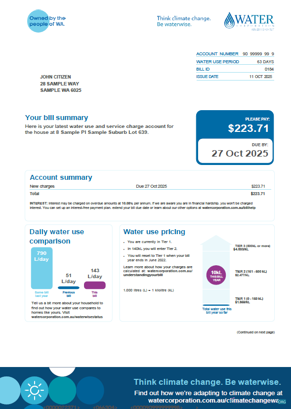 download Australia Water Corporation utility bill template in Word and PDF formats PDF template